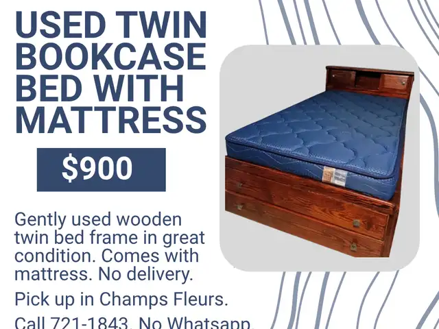 Wooden Twin Bookcase Bed Frame with Mattress, Champs Fleurs