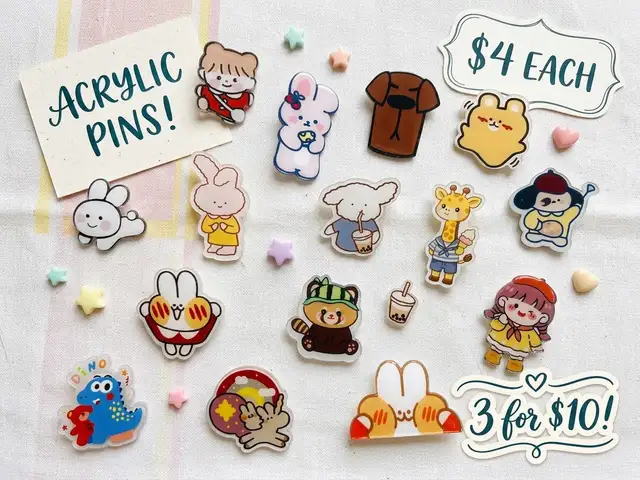 Acrylic safety pin brooches, Charlieville