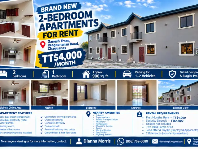 2-bedroom apartment in Ragoonanan Road to rent, Chaguanas