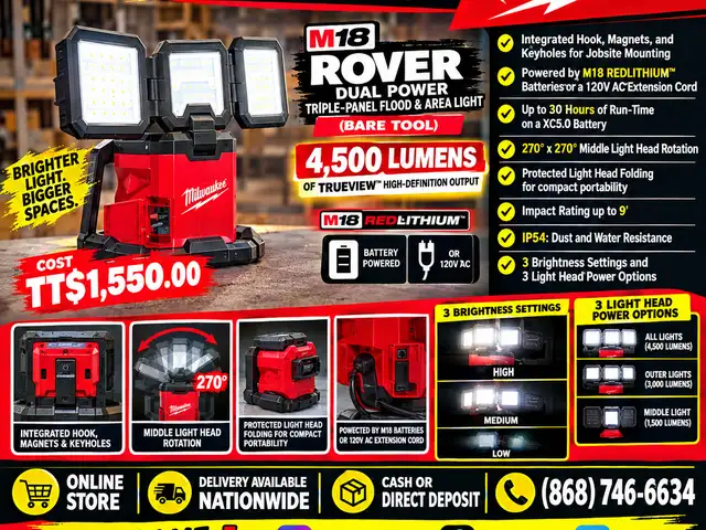 Milwaukee M18 Rover Dual Power Triple Panel Floodlight, Couva