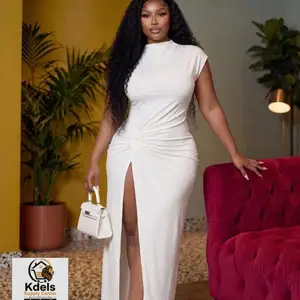 short-sleeve, asymmetrical neck ruched bodycon maxi dress with a front side slit, Couva