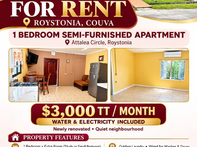 1-bedroom apartment in Roystonia to rent, Couva