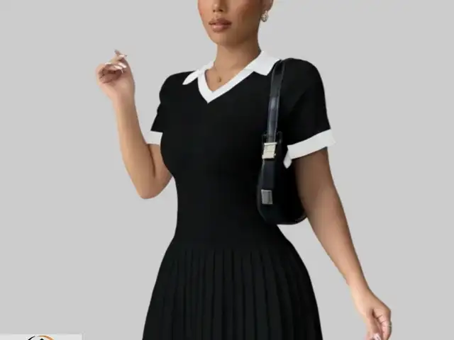 Elenzga Casual Contrast Color V- Neck Pleated Knit Sweater Dress, Couva