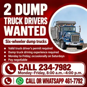 2 Six-Wheeler Dump Truck Drivers Wanted, Arima