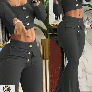 Women 2 Pieces Set Spring Autumn Fashion Square Neck Buttoned Top & Pocket Desig, Couva