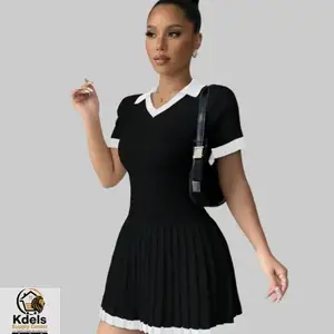 Elenzga Casual Contrast Color V- Neck Pleated Knit Sweater Dress, Couva