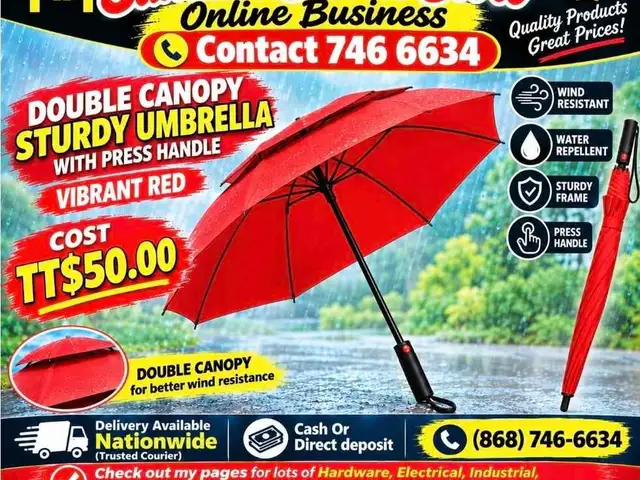 DOUBLE CANOPY STURDY UMBRELLA WITH PRESS HANDLE VIBRANT RED, Couva
