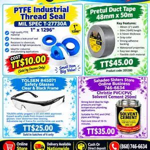 Thread Seal, Pretul Duct Tape, Tolsen Safety Glasses, Solvent Cement, Couva